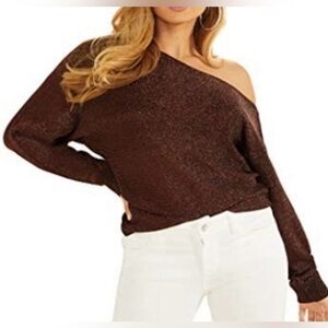 GUESS Metallic Lurex Off Shoulder Sweater Bronze Knit Top XL
